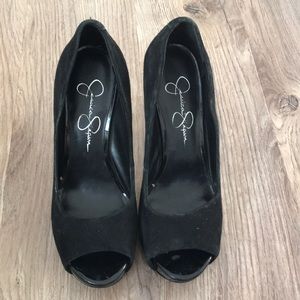 Jessica Simpson black faux suede peep toe heels